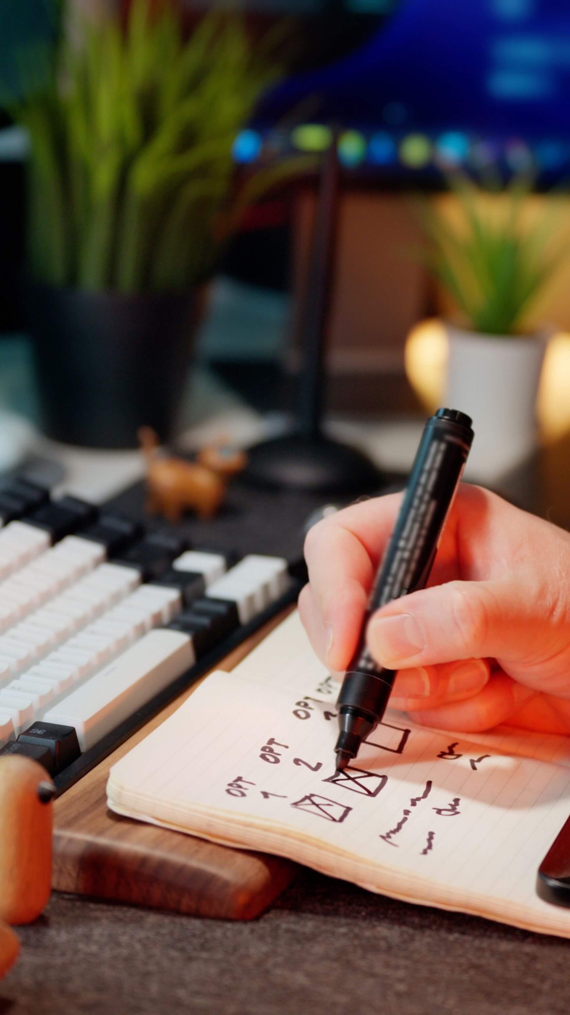 Mano marcando tareas en un cuaderno junto a un teclado